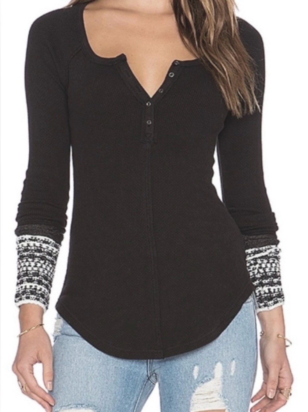Free People Ski Lodge Newbie Crochet Cuff Thermal in Black Gray Combo Sz Medium